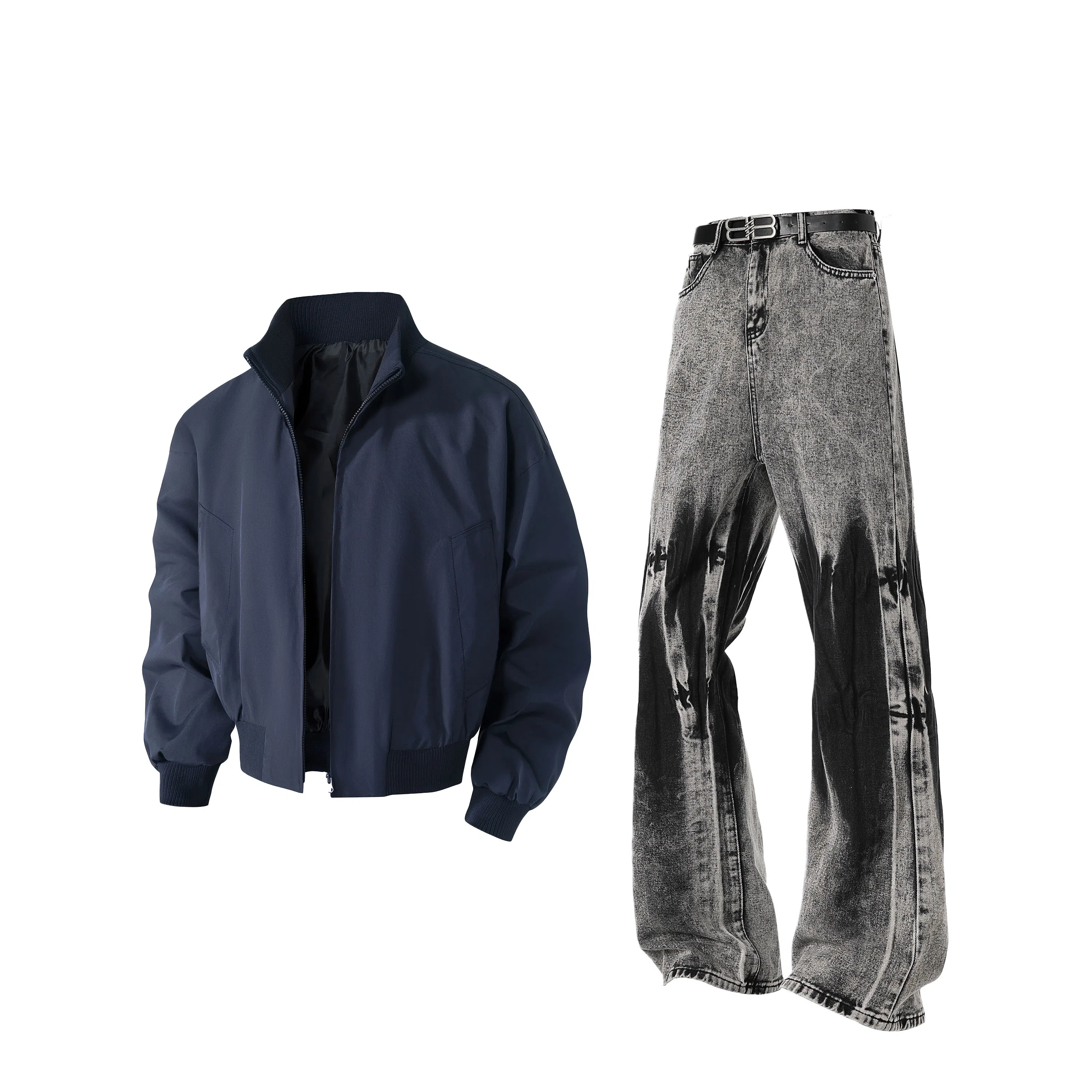 【高街机车风免搭配一套】布客行 美式飞行员教练服老钱工装夹克外套防风防泼水废土风扎染做旧弯刀直筒舒适牛仔长裤子休闲套装 男女同款