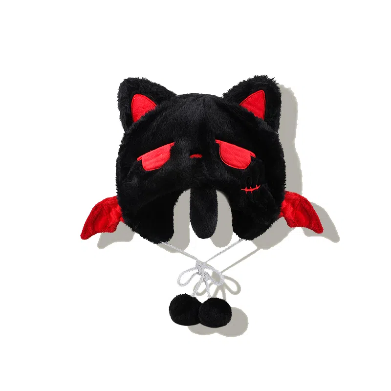 【甜酷Y2K~搞怪萌趣】 攸委 可爱甜美百搭小恶魔耳朵毛绒帽子女秋冬加厚保暖护耳帽 涤纶 卡通小喵滑雪套头帽雷锋绒线帽 男女同款情侣款