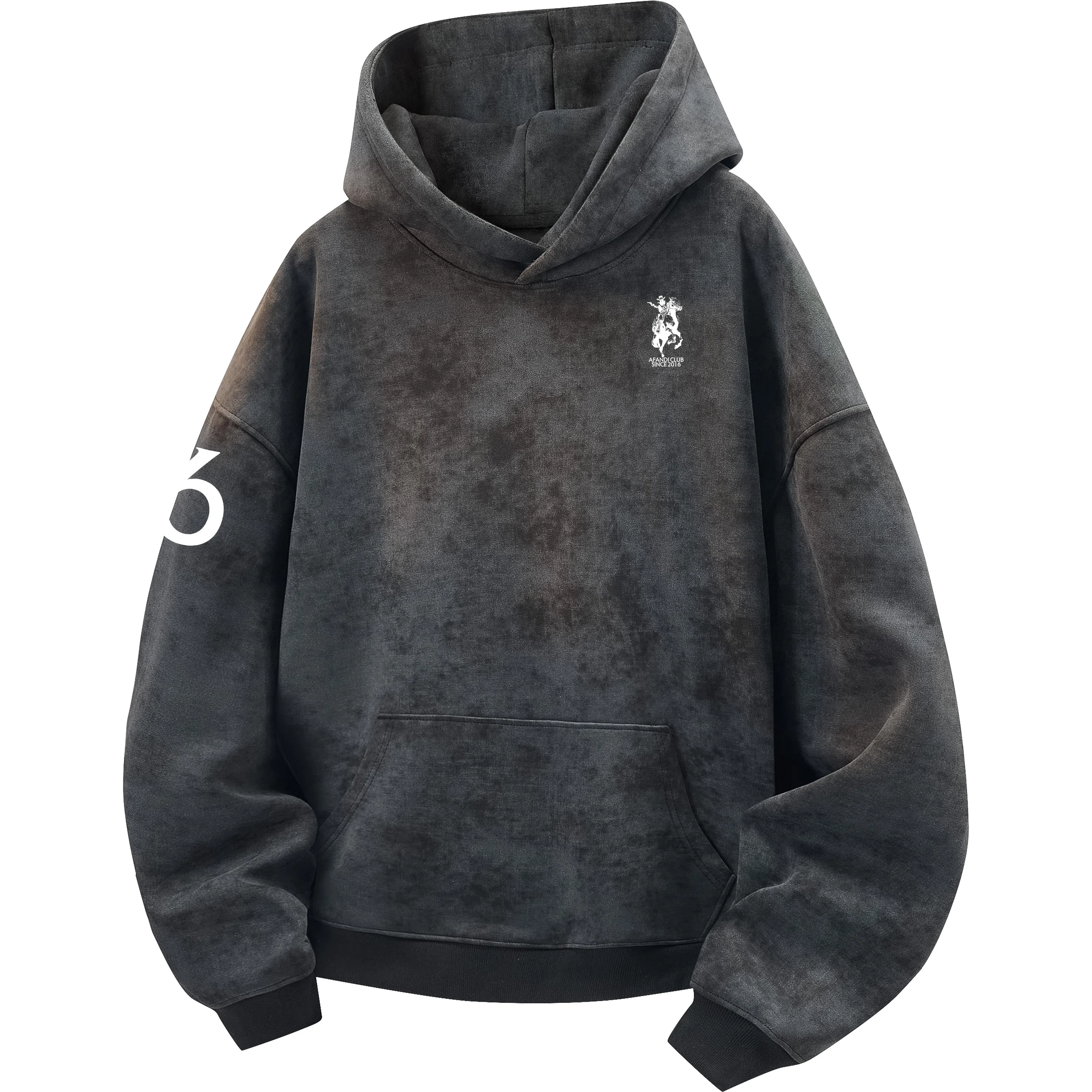 阿凡迪 美式复古街头简约基础扎染设计西部牛仔字母潮牌袖子印花宽松舒适休闲百搭时尚潮流通勤无性别主义抽绳长袖连帽卫衣 男女同款