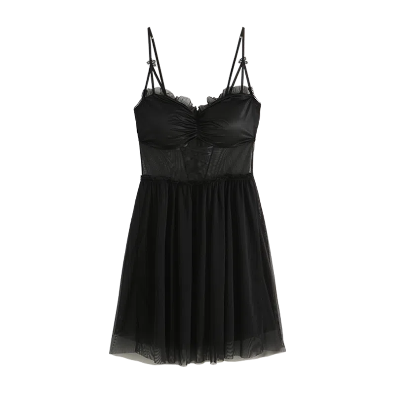 欧迪芬 纯棉亲肤柔软舒适低胸性感设计迷离网纱更显女人味法式浪漫蕾丝吊带睡裙 女款