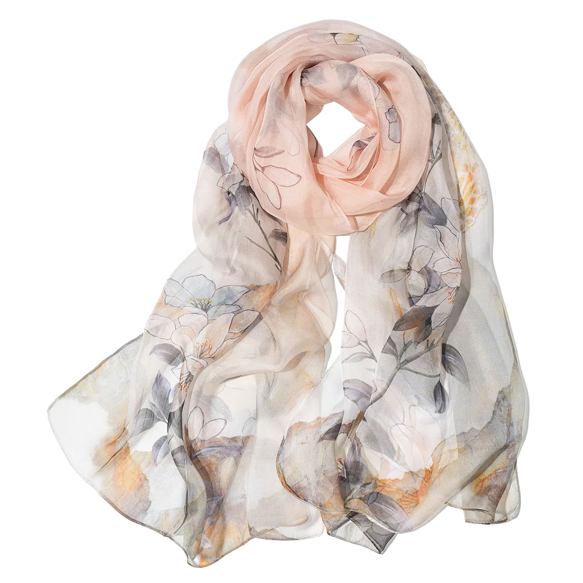 一米画纱 清新飘逸国风真丝雪纺喷绘沙巾气质仙仙花卉印花旅游拍照 桑蚕丝 丝巾 女款