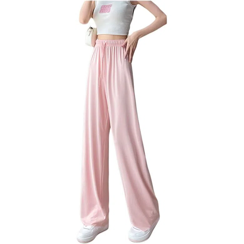 欧迪芬 小个子顺滑垂感直筒裤子冰丝裤薄款弹力裤子女士高腰宽松舒适百搭时尚轻薄透气防蚊韩版夏季防晒速干运动裤减龄慵懒风休闲裤 女款