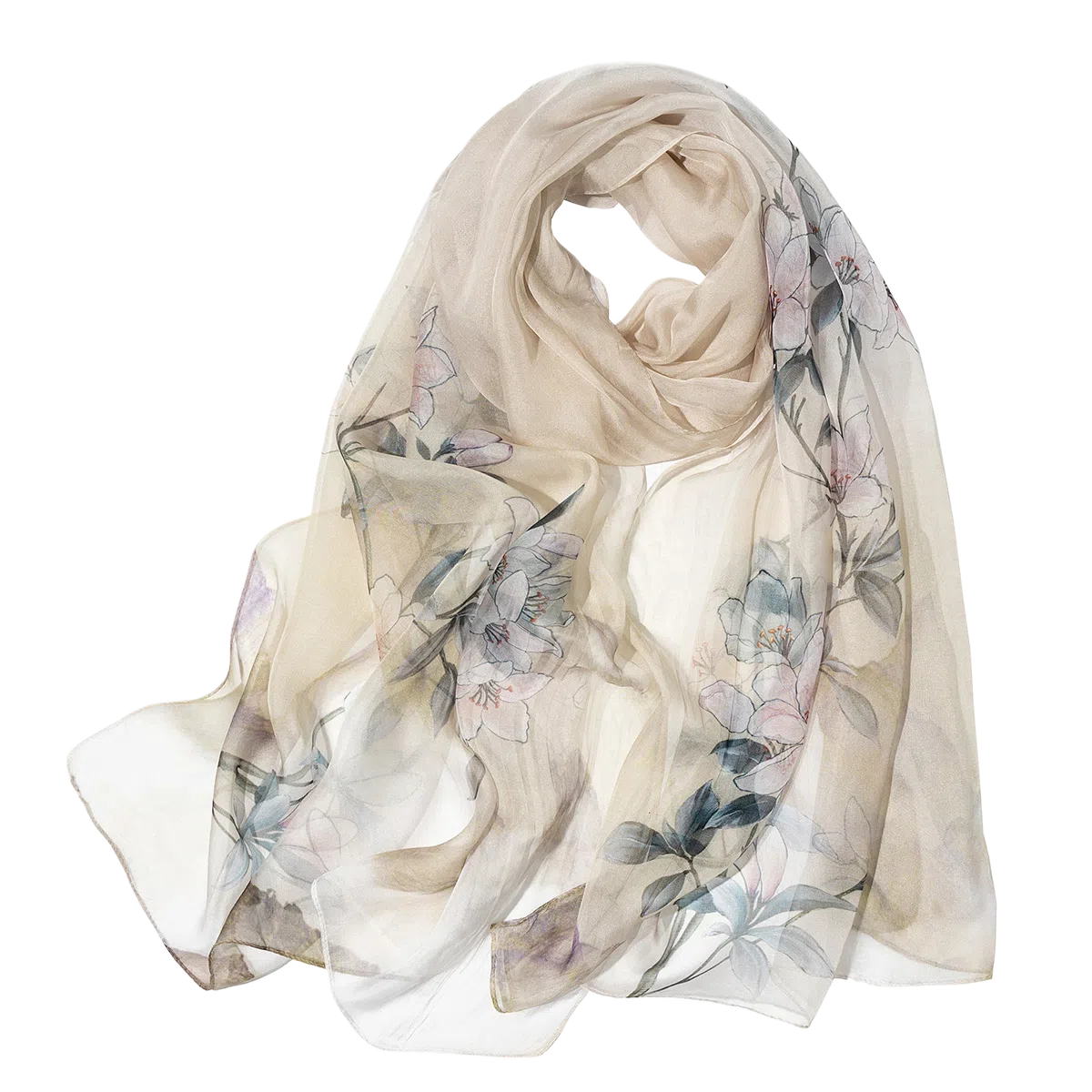 一米画纱 清新飘逸国风真丝雪纺喷绘沙巾气质仙仙花卉印花旅游拍照 桑蚕丝 丝巾 女款