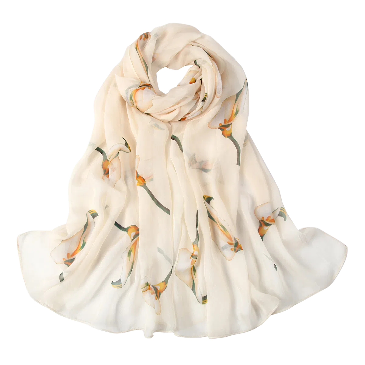 一米画纱 清新飘逸国风真丝雪纺喷绘沙巾气质仙仙花卉印花旅游拍照 桑蚕丝 丝巾 女款