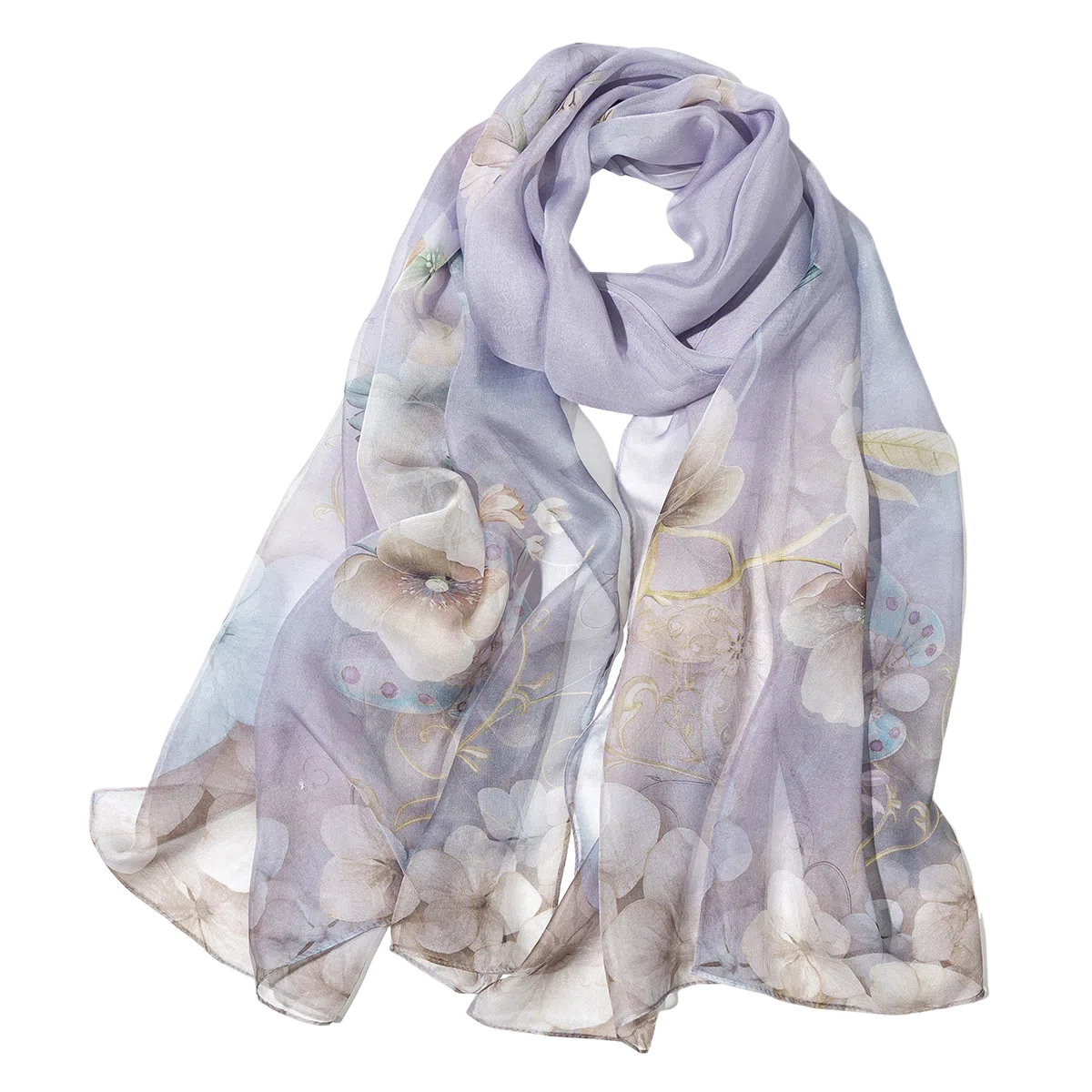 一米画纱 清新飘逸国风真丝雪纺喷绘沙巾气质仙仙花卉印花旅游拍照 桑蚕丝 丝巾 女款