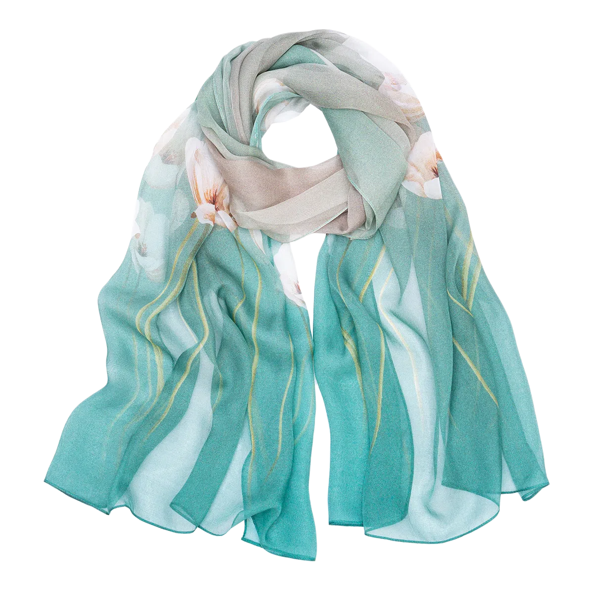 一米画纱 清新飘逸国风真丝雪纺喷绘沙巾气质仙仙花卉印花旅游拍照 桑蚕丝 丝巾 女款