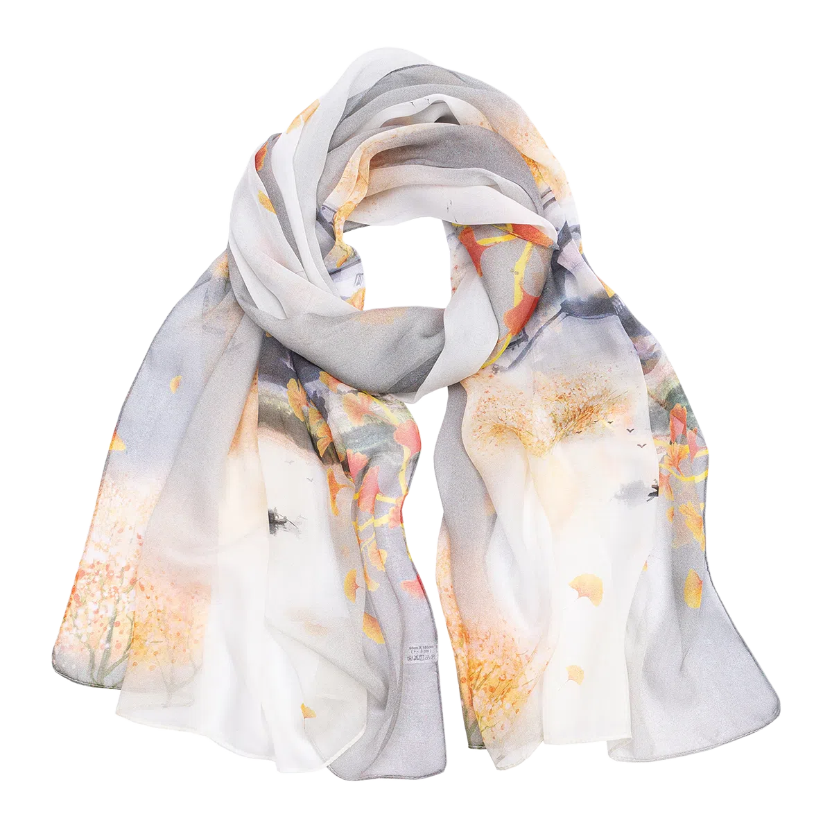 一米画纱 清新飘逸国风真丝雪纺喷绘沙巾气质仙仙花卉印花旅游拍照 桑蚕丝 丝巾 女款