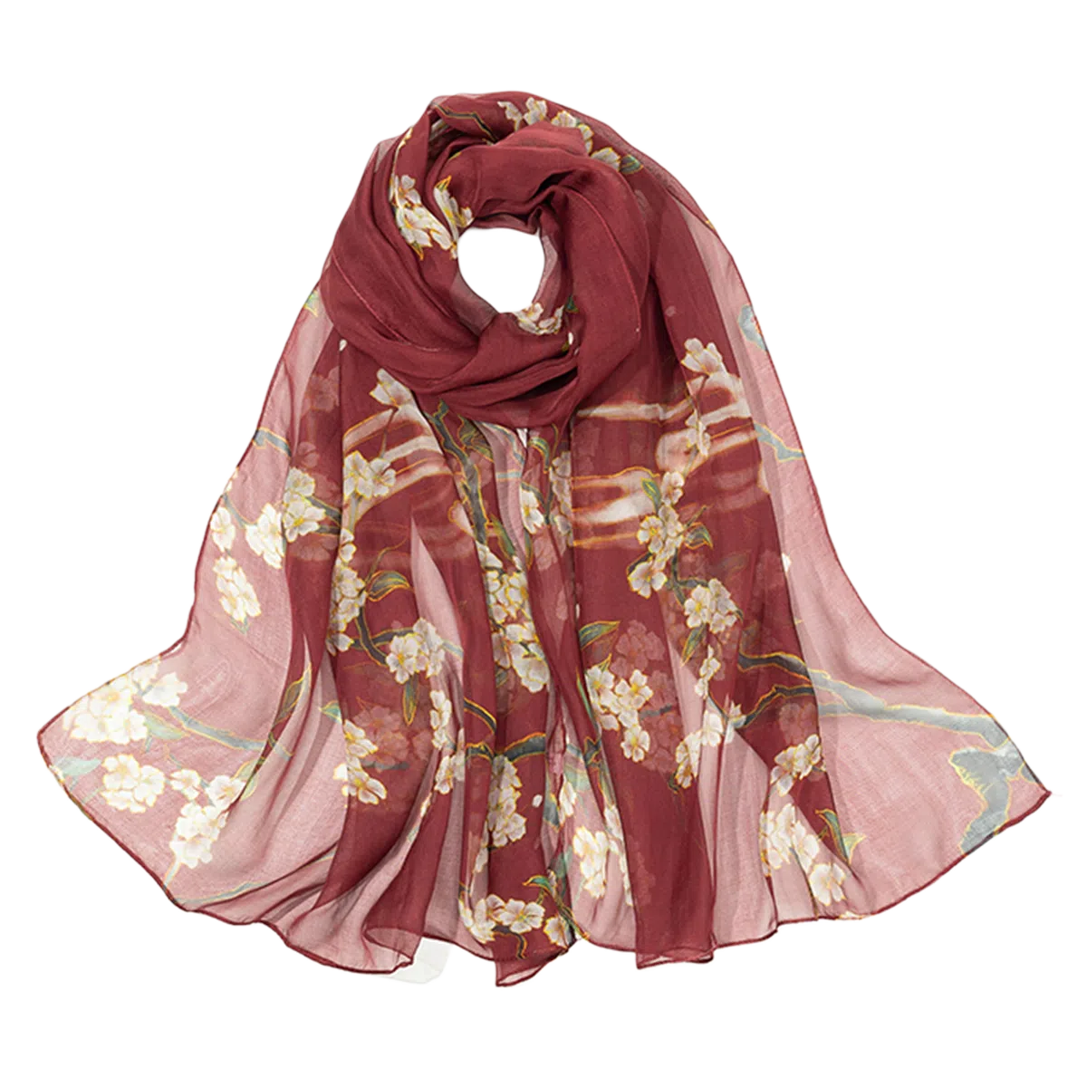 一米画纱 清新飘逸国风真丝雪纺喷绘沙巾气质仙仙花卉印花旅游拍照 桑蚕丝 丝巾 女款