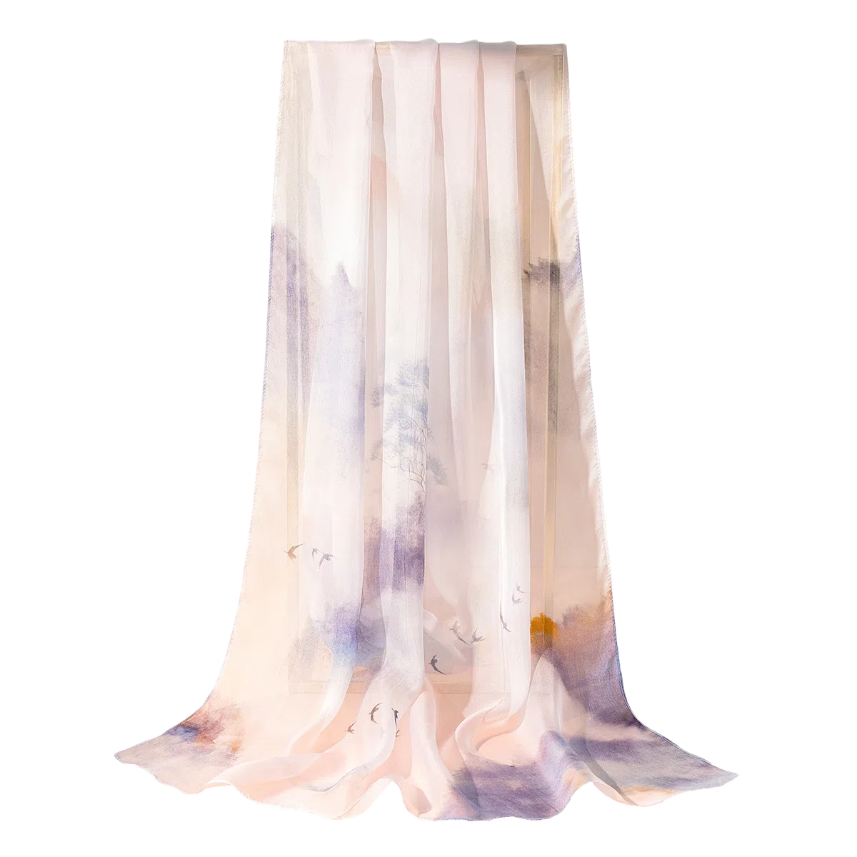 一米画纱 清新飘逸国风真丝雪纺喷绘沙巾气质仙仙花卉印花旅游拍照 桑蚕丝 丝巾 女款