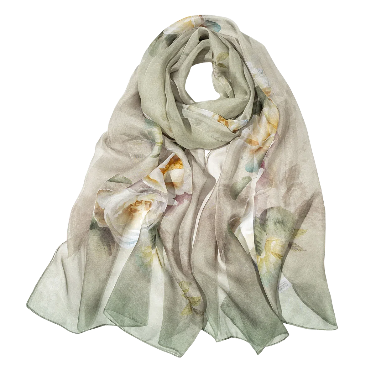 一米画纱 清新飘逸国风真丝雪纺喷绘沙巾气质仙仙花卉印花旅游拍照 桑蚕丝 丝巾 女款