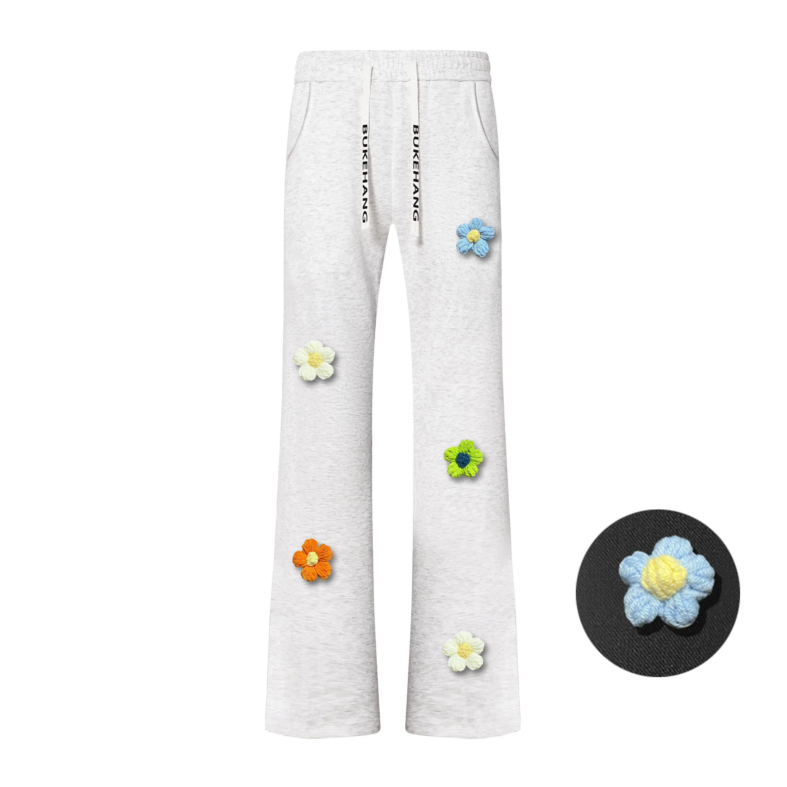 【3D立体线绒刺绣】布客行 美式高街显高显瘦修身弹力松紧腰抽绳微喇复古水洗弯刀透气百搭阔腿直筒亲肤长裤针织运动卫裤休闲裤 男女同款