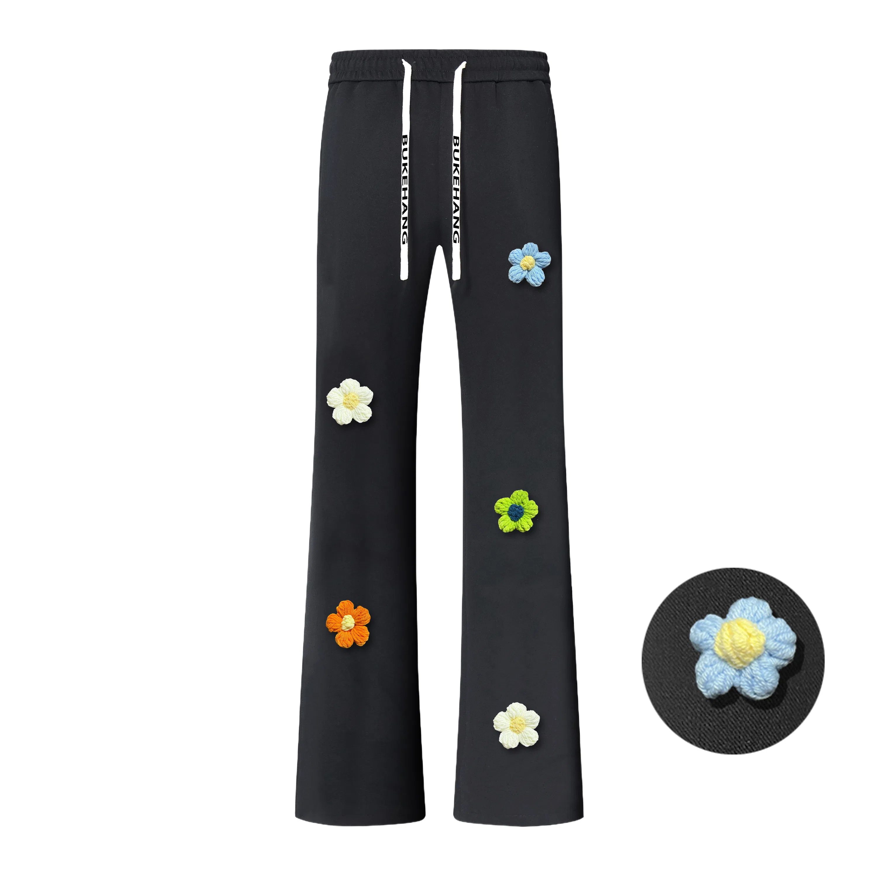 【3D立体线绒刺绣】布客行 美式高街显高显瘦修身弹力松紧腰抽绳微喇复古水洗弯刀透气百搭阔腿直筒亲肤长裤针织运动卫裤休闲裤 男女同款