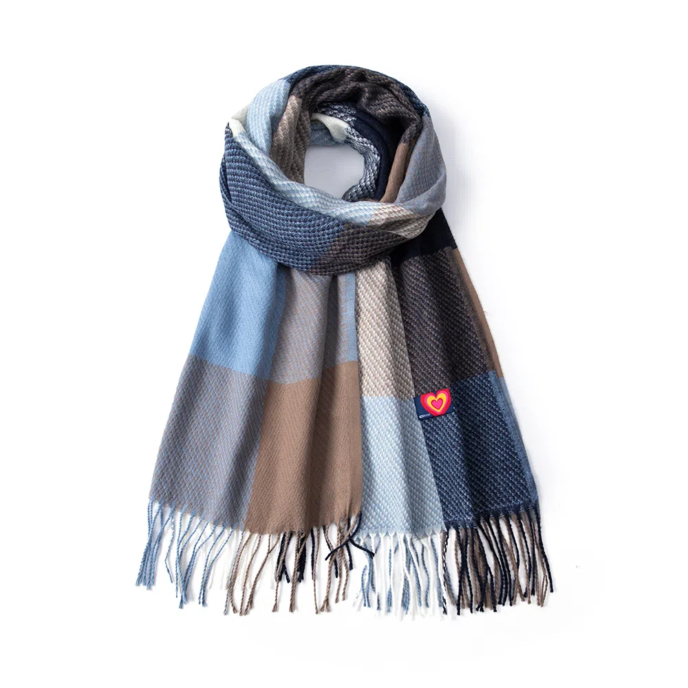 红豆 拼色时尚简约条纹格子保暖流苏 聚酯纤维 绒线围巾 男女同款情侣款