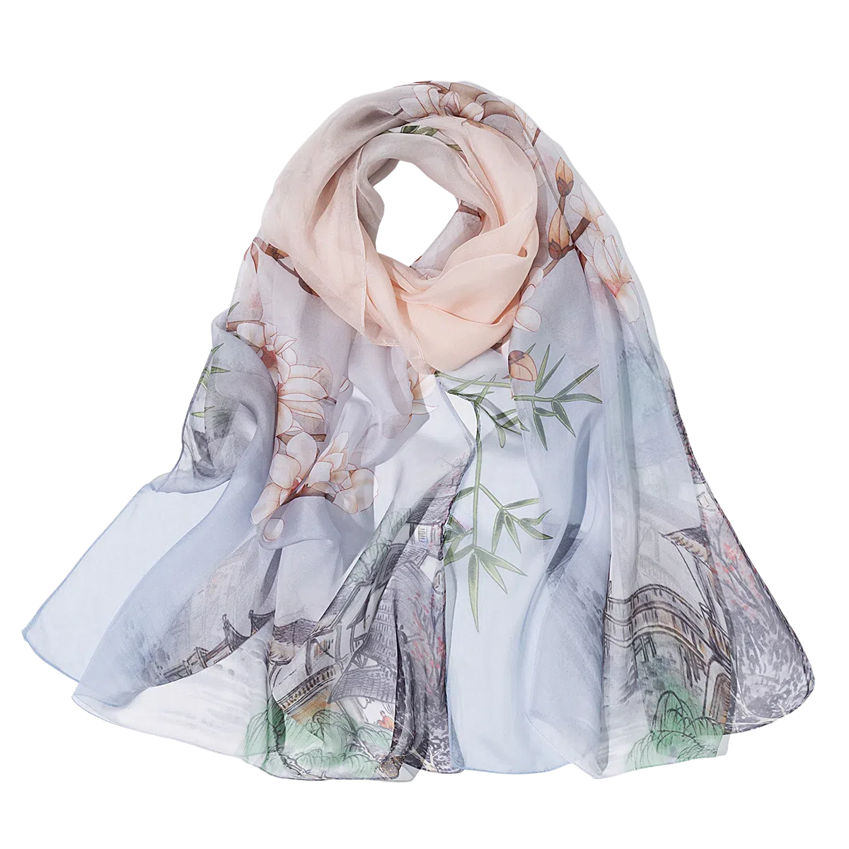 一米画纱 田园花卉轻盈飘逸中式浪漫雪纺真丝沙巾丝滑细腻披肩 桑蚕丝 丝巾 女款