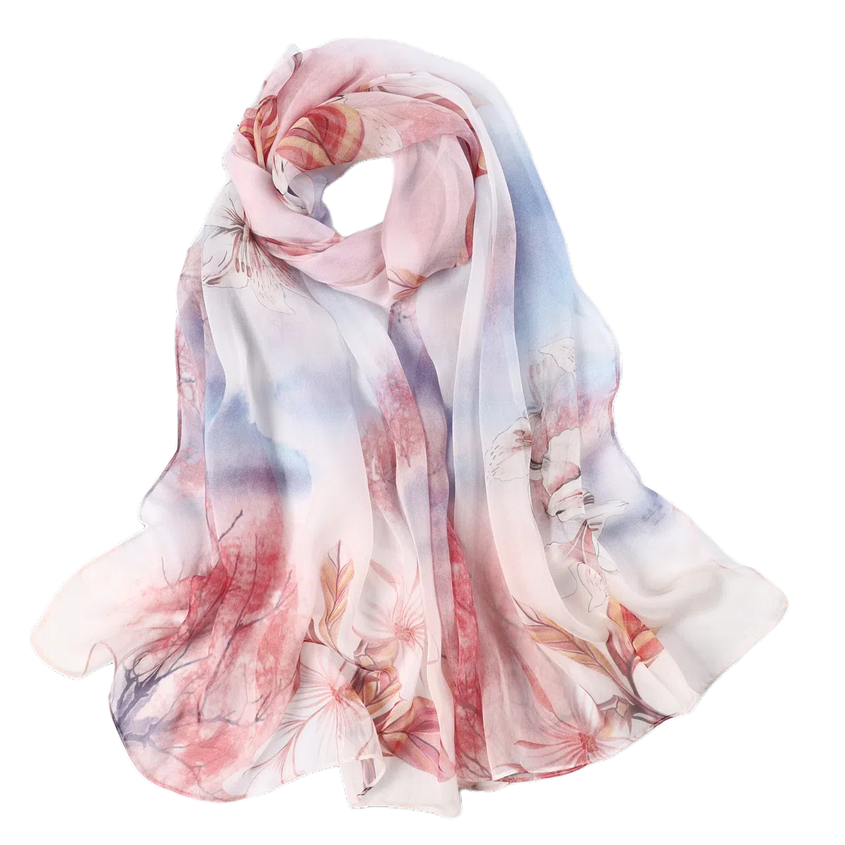 一米画纱 清新飘逸国风真丝雪纺喷绘沙巾气质仙仙花卉印花旅游拍照 桑蚕丝 丝巾 女款