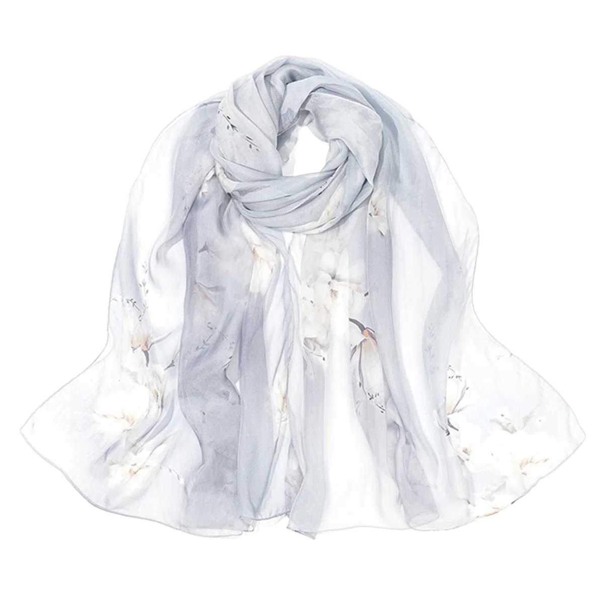 一米画纱 清新飘逸国风真丝雪纺喷绘沙巾气质仙仙花卉印花旅游拍照 桑蚕丝 丝巾 女款