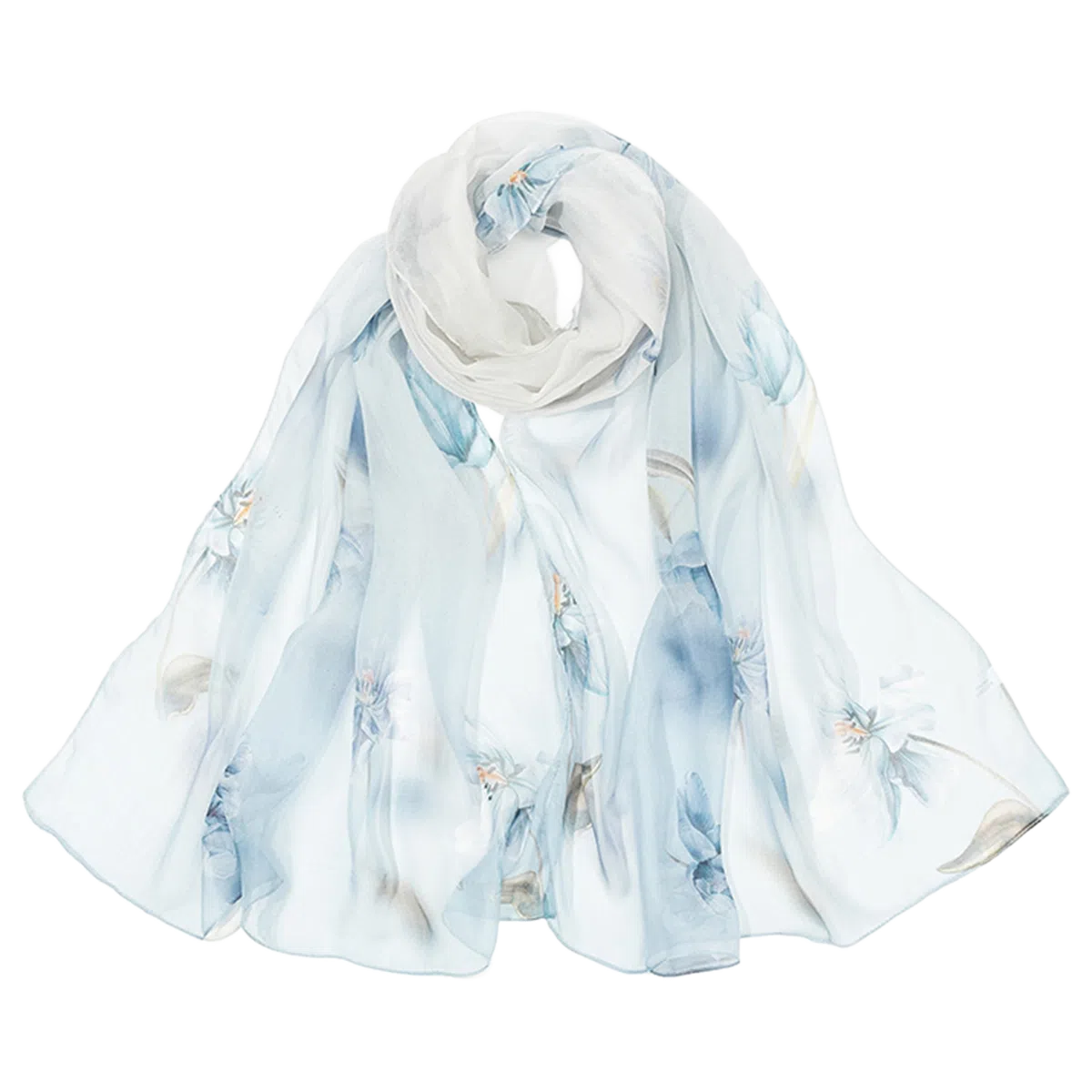 一米画纱 清新飘逸国风真丝雪纺喷绘沙巾气质仙仙花卉印花旅游拍照 桑蚕丝 丝巾 女款