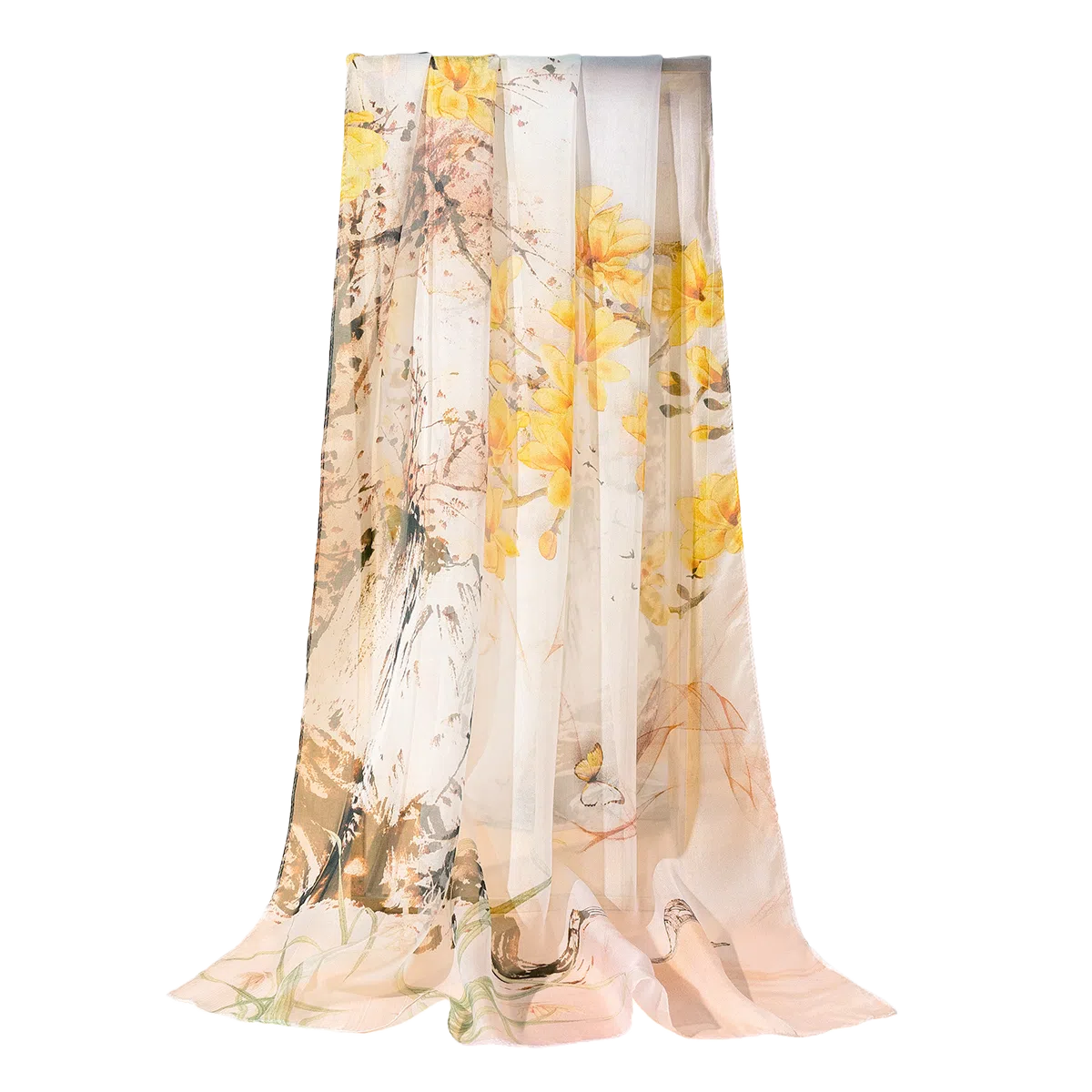 一米画纱 清新飘逸国风真丝雪纺喷绘沙巾气质仙仙花卉印花旅游拍照 桑蚕丝 丝巾 女款