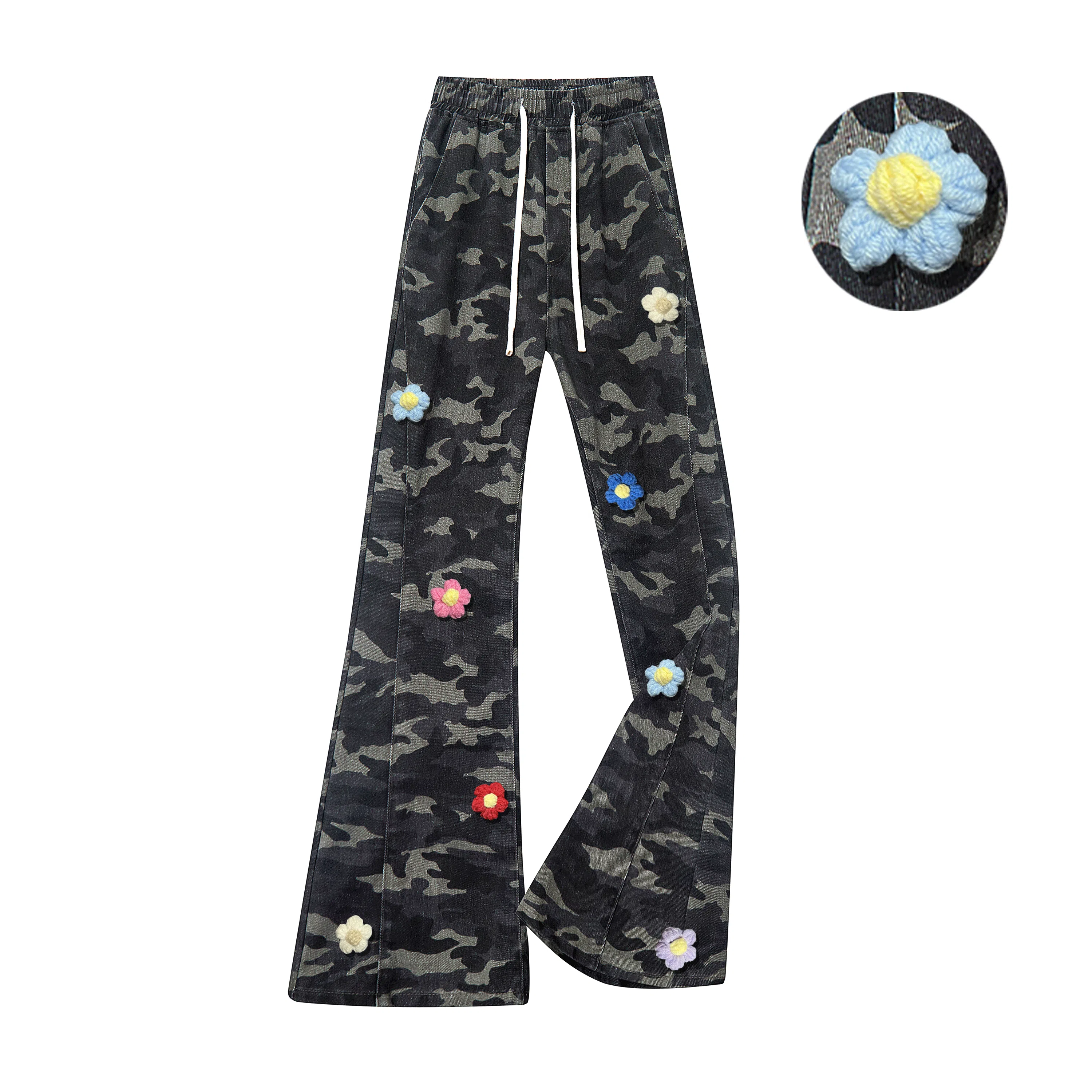 【3D立体花卉刺绣】布客行 美式高街显高显瘦修身迷彩重工斜切拼接微喇复古水洗休闲直筒透气弹力松紧腰抽绳百搭阔腿长裤牛仔裤 男女同款