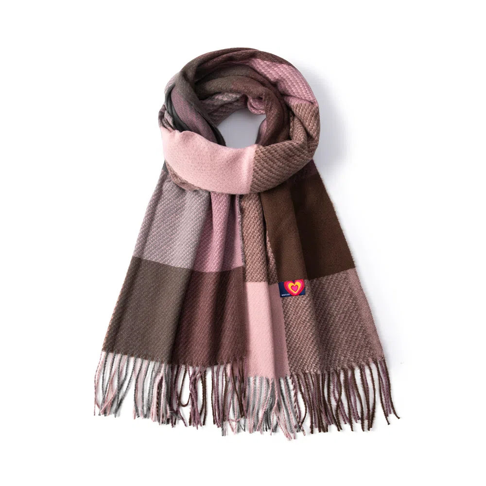 红豆 拼色时尚简约条纹格子保暖流苏 聚酯纤维 绒线围巾 男女同款情侣款
