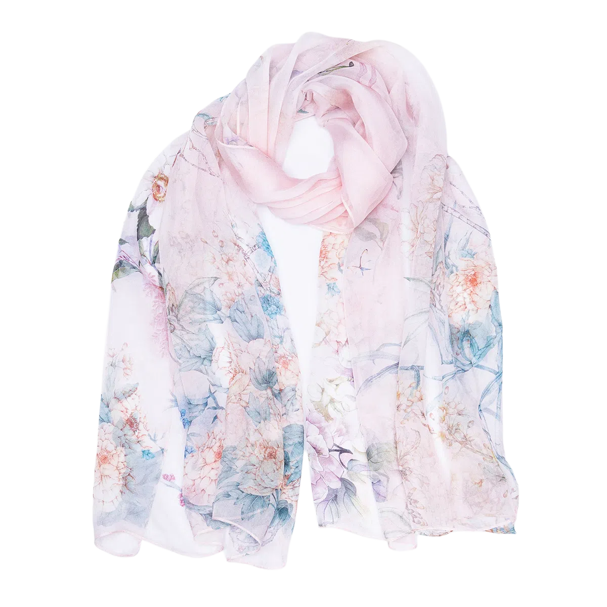 一米画纱 清新飘逸国风真丝雪纺喷绘沙巾气质仙仙花卉印花旅游拍照 桑蚕丝 丝巾 女款