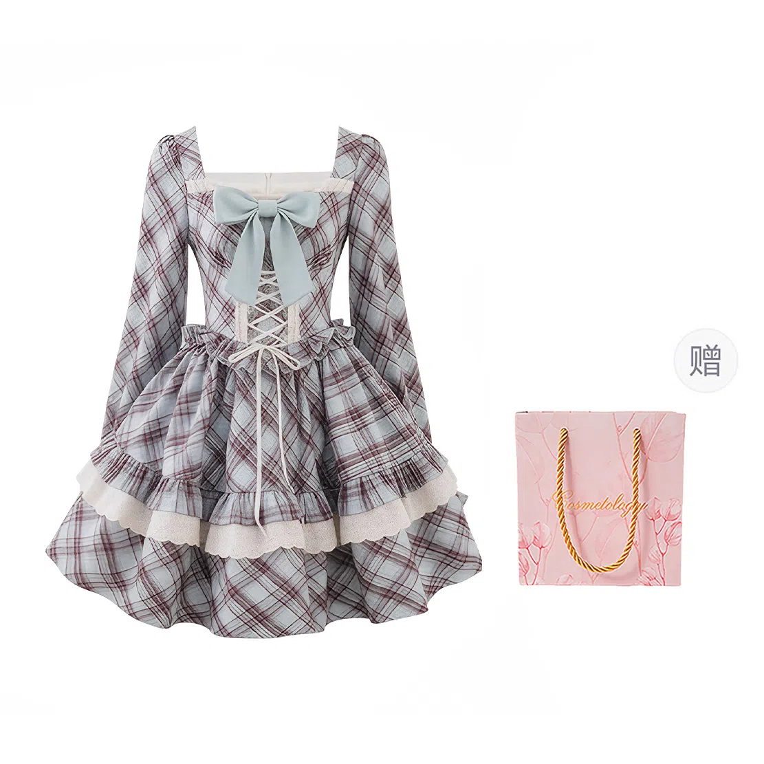 棉购 甜美小个子复古格纹蕾丝蝴蝶结绑带收腰方口领蓬蓬公主裙长袖连衣裙 女款