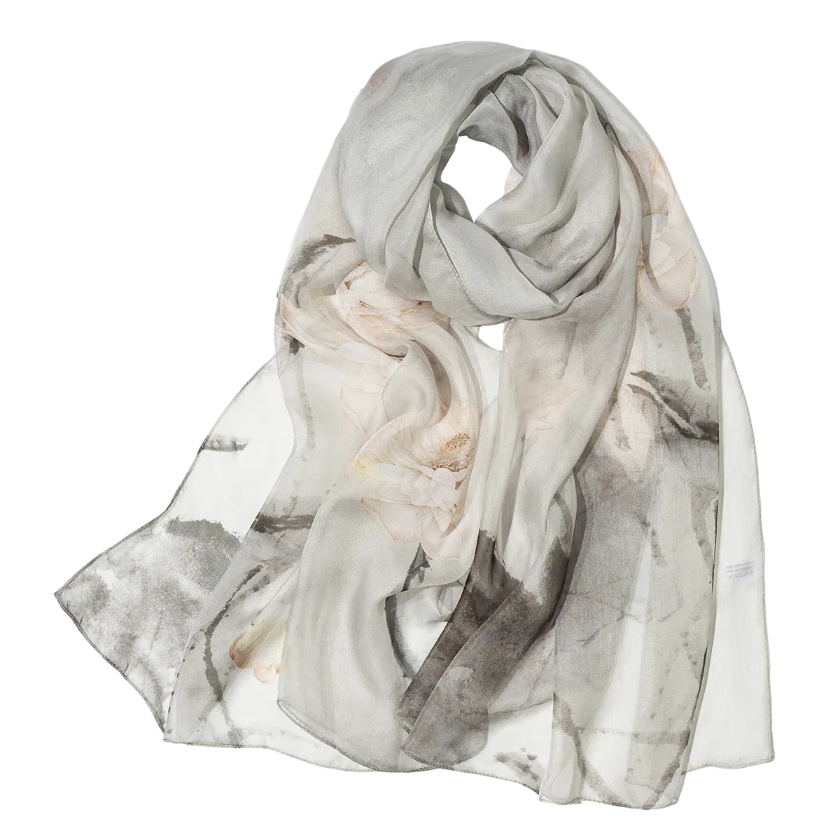 一米画纱 清新飘逸国风真丝雪纺喷绘沙巾气质仙仙花卉印花旅游拍照 桑蚕丝 丝巾 女款