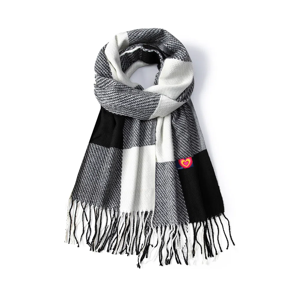 红豆 拼色时尚简约条纹格子保暖流苏 聚酯纤维 绒线围巾 男女同款情侣款