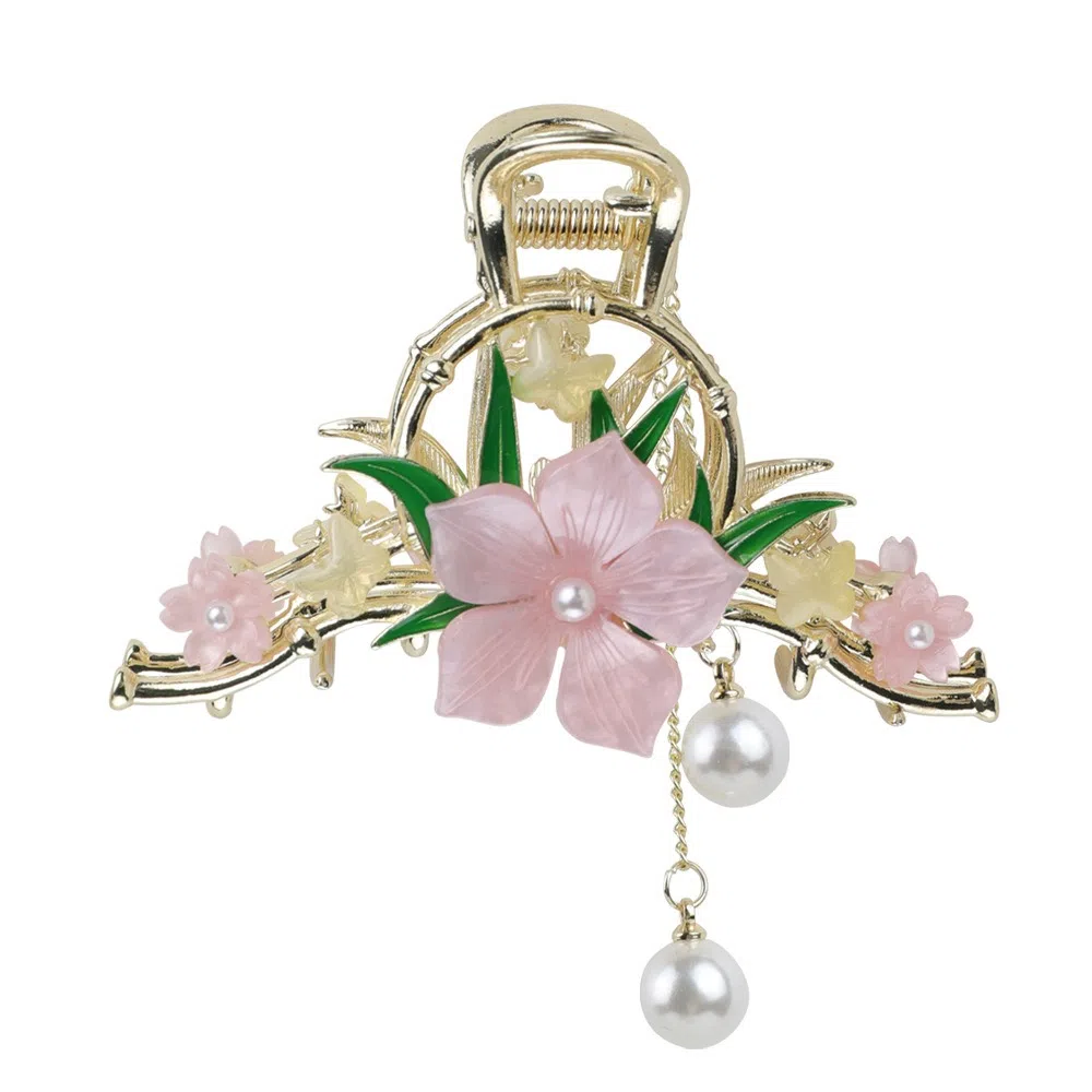 彤彤兔 粉色花朵流苏古风发饰时尚鲨鱼夹高级感小半扎发后脑勺 锌合金 发夹 女款