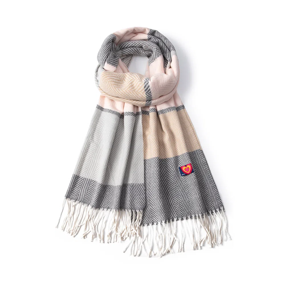 红豆 拼色人字纹流苏时尚百搭保暖披肩 围脖 聚酯纤维 绒线围巾 男女同款情侣款