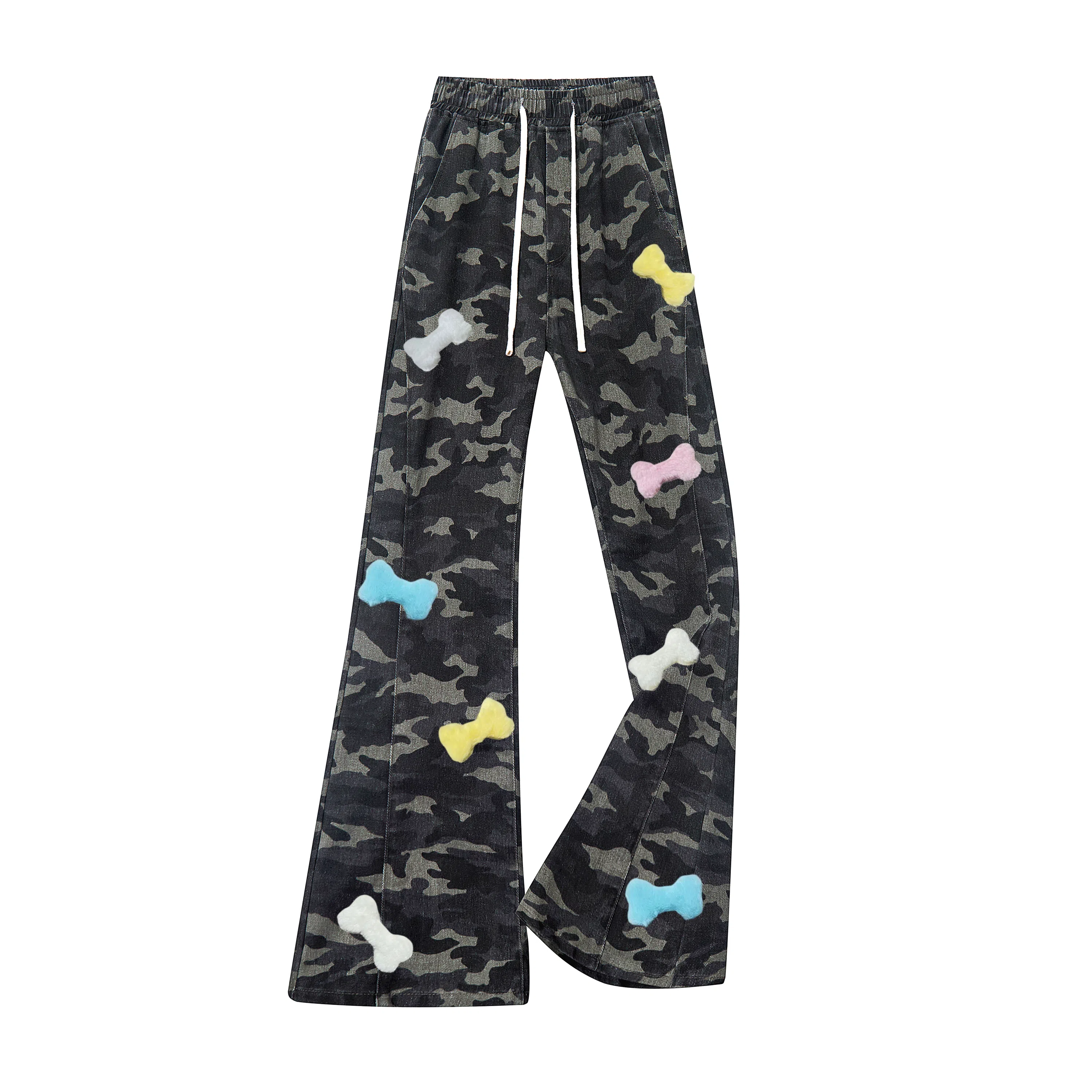 【3D立体彩骨刺绣】布客行 美式高街显腿长显高显瘦迷彩重工斜切拼接微喇复古水洗弹力松紧腰抽绳直筒牛仔裤百搭阔腿长裤休闲裤 男女同款