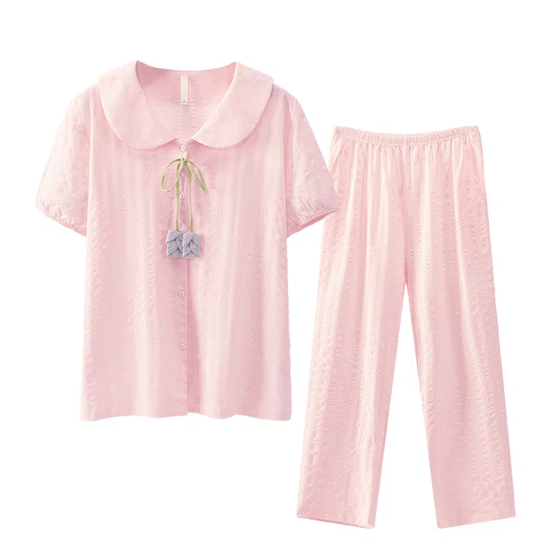 欧迪芬 新疆棉双层提花舒适柔软透气可爱甜美轻盈清新迷人柔美吸湿排汗宽松版型带杯垫可外穿家居服睡衣套装 女款