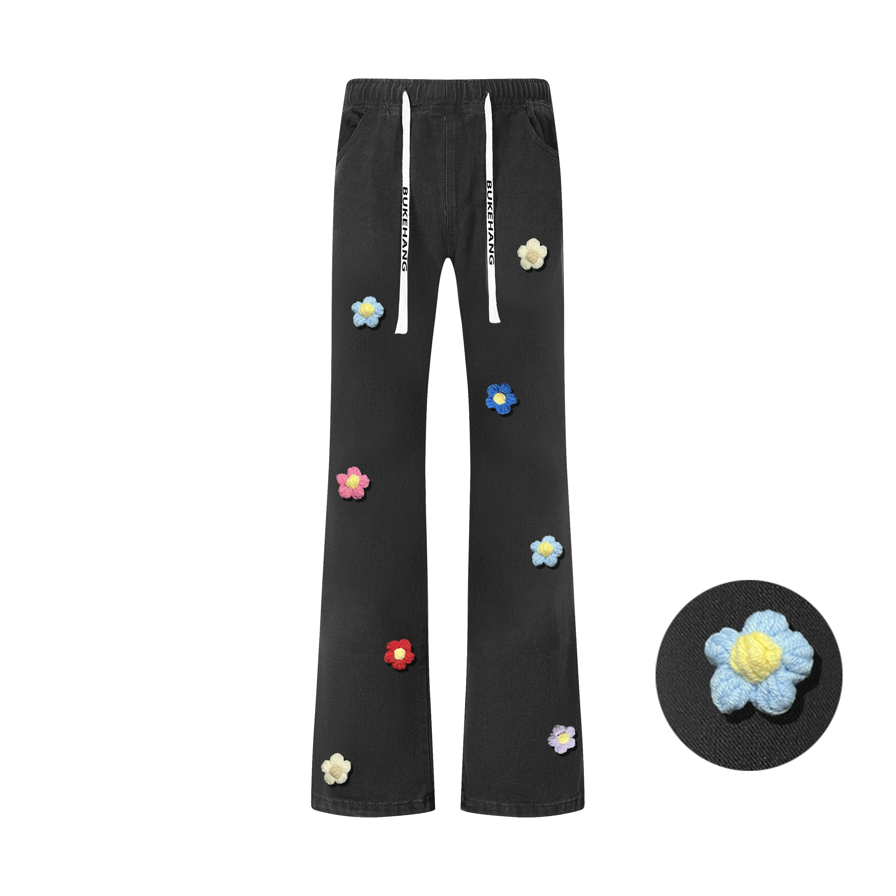 【3D立体线绒刺绣】布客行 美式高街显腿长显高显瘦修身纯色微喇复古弯刀水洗弹力松紧腰抽绳透气百搭阔腿直筒休闲长裤牛仔裤 男女同款