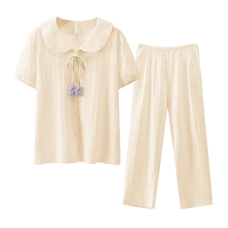 欧迪芬 新疆棉双层提花舒适柔软透气可爱甜美轻盈清新迷人柔美吸湿排汗宽松版型带杯垫可外穿家居服睡衣套装 女款