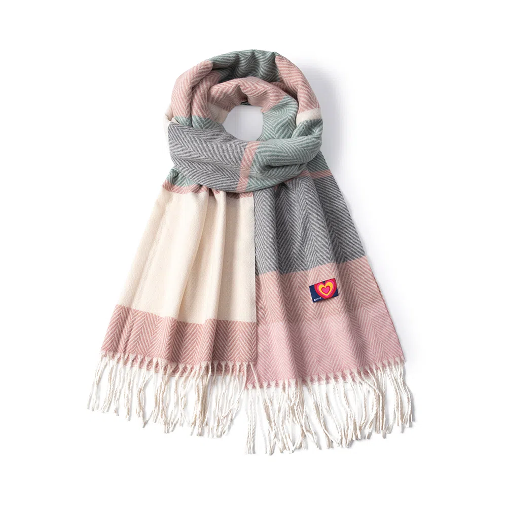 红豆 拼色人字纹流苏时尚百搭保暖披肩 围脖 聚酯纤维 绒线围巾 男女同款情侣款