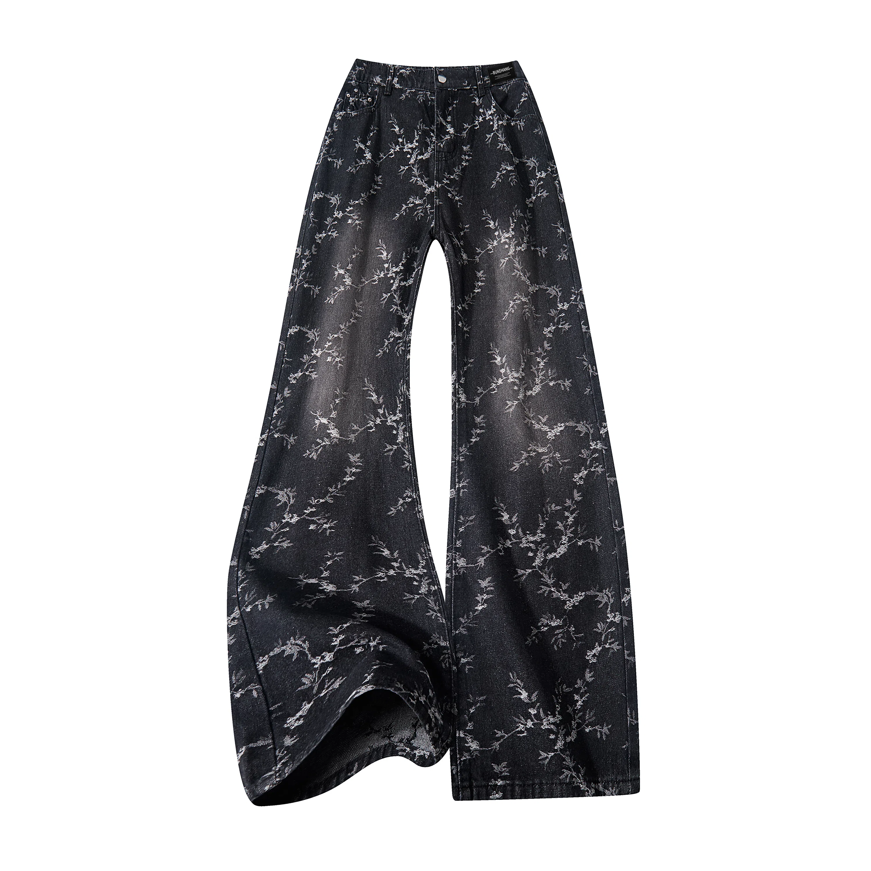 【提花万针刺绣黑牛】布客行 美式高街水洗花卉显高显瘦修身直筒垂感柔软舒适休闲百搭无性别主义微喇阔腿纽扣松紧腰牛仔裤 男女同款