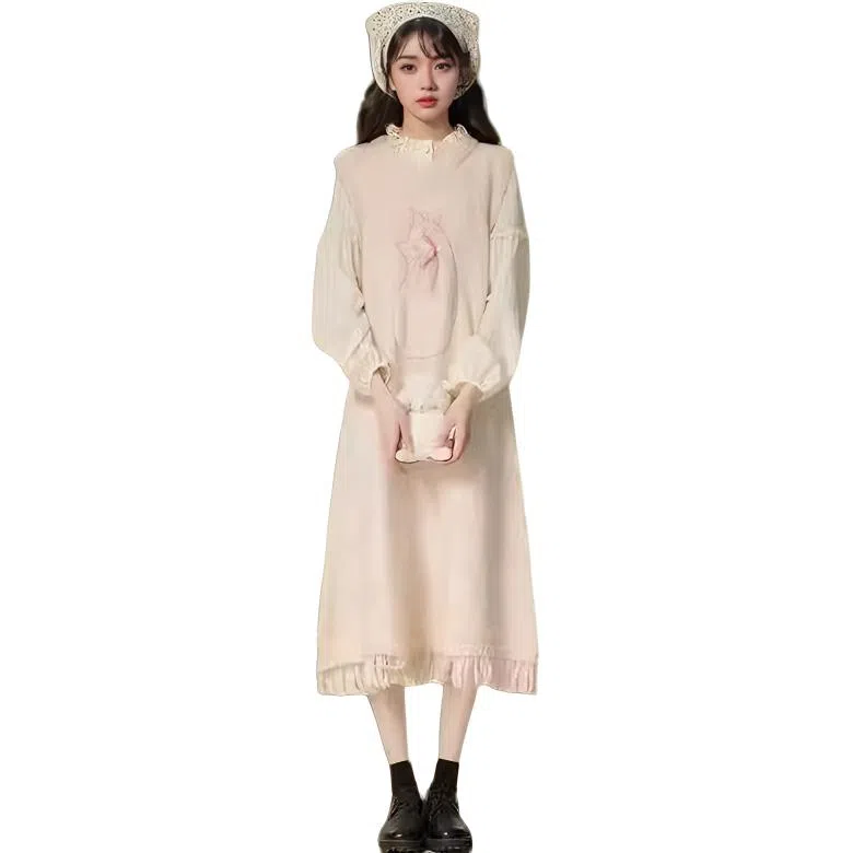 轻迎 甜美可爱小猫无袖针织连衣裙学生搭配圆领长袖衬衫裙装套装 女款