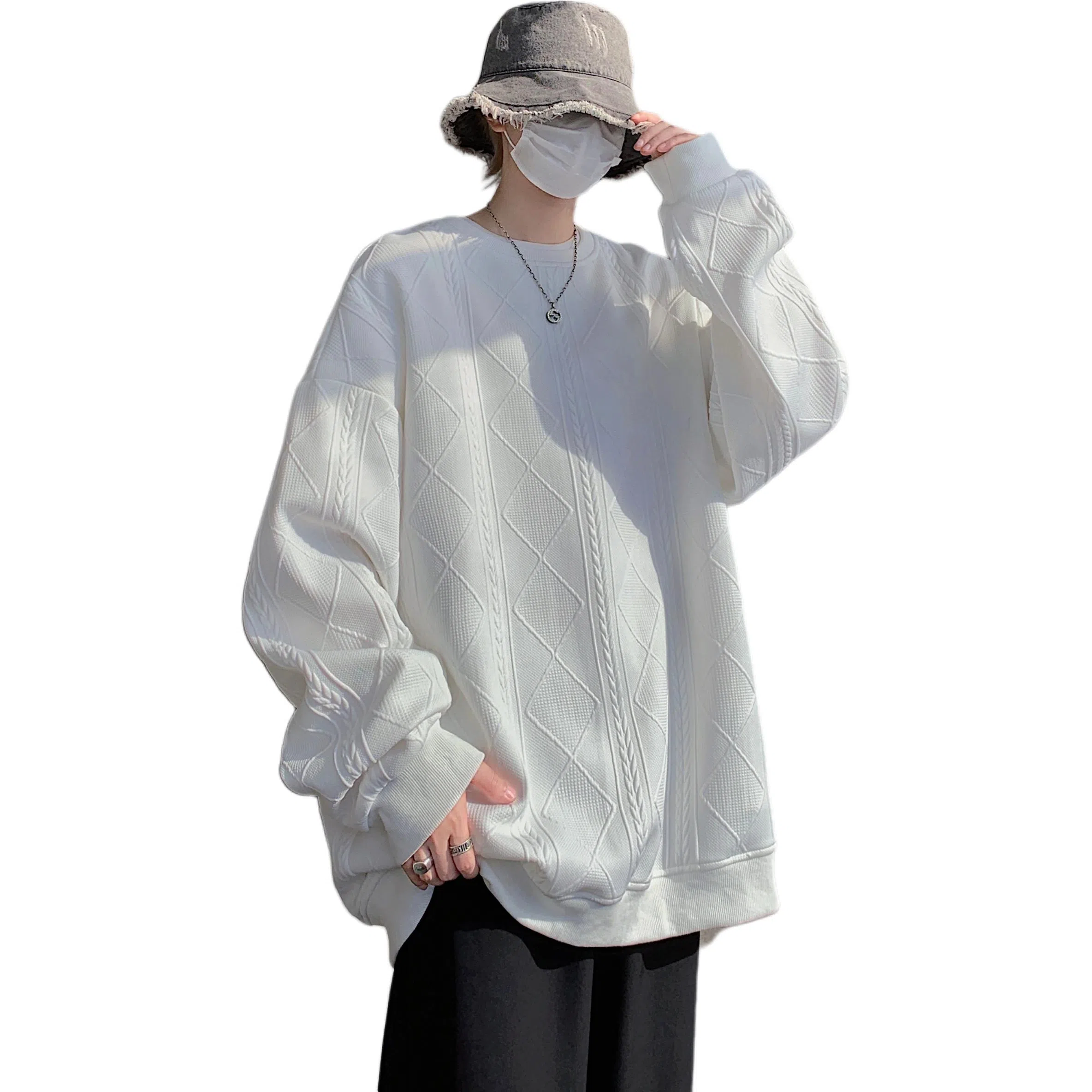 洋气先生 个性简约正肩设计感小众高级感穿搭重磅时尚潮流宽松百搭学生通勤春秋季港风提花长袖圆领套头上衣美式复古打底卫衣 男女同款