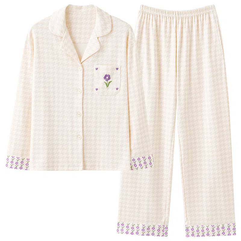 莫代尔 春秋季个性时尚百搭轻柔亲肤透气细腻长袖长裤家居服可外穿女士睡衣套装 女款