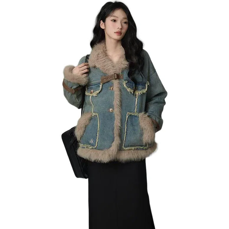 邓大喵 法式复古毛毛牛仔女秋冬季宽松设计时尚通勤文艺百搭上衣外套 女款