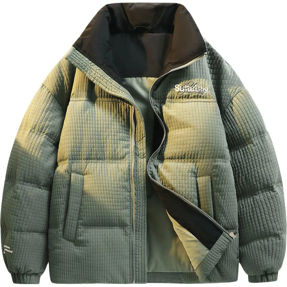 鸭鸭 加厚保暖休闲宽松无性别刺绣字母泡芙面料简约立领暗黑羽绒服外套 男款