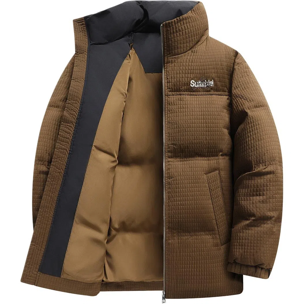 鸭鸭 加厚保暖休闲宽松无性别刺绣字母泡芙面料简约立领暗黑羽绒服外套 男款