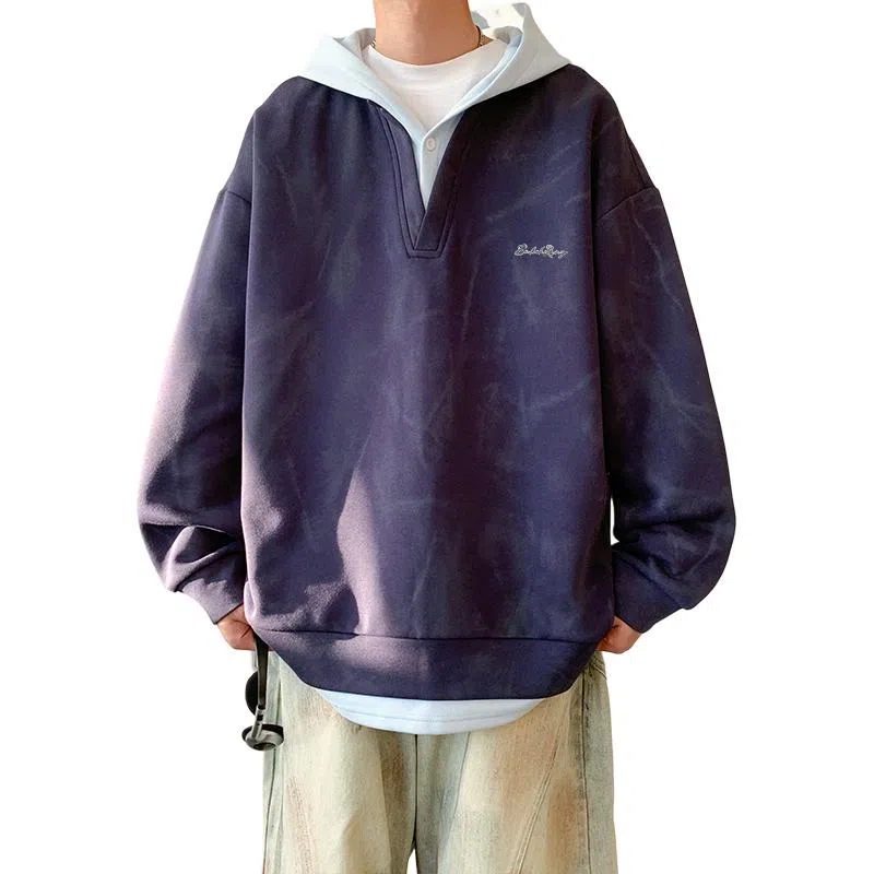 【脏脏扎染设计】布客行 美式高街百搭痞帅嘻哈休闲宽松舒适落肩套头长袖连帽假两件卫衣 男女同款