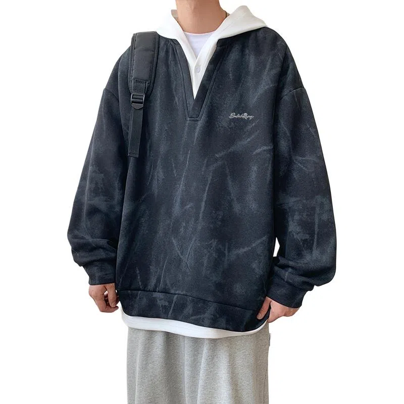 【脏脏扎染设计】布客行 美式高街百搭痞帅嘻哈休闲宽松舒适落肩套头长袖连帽假两件卫衣 男女同款