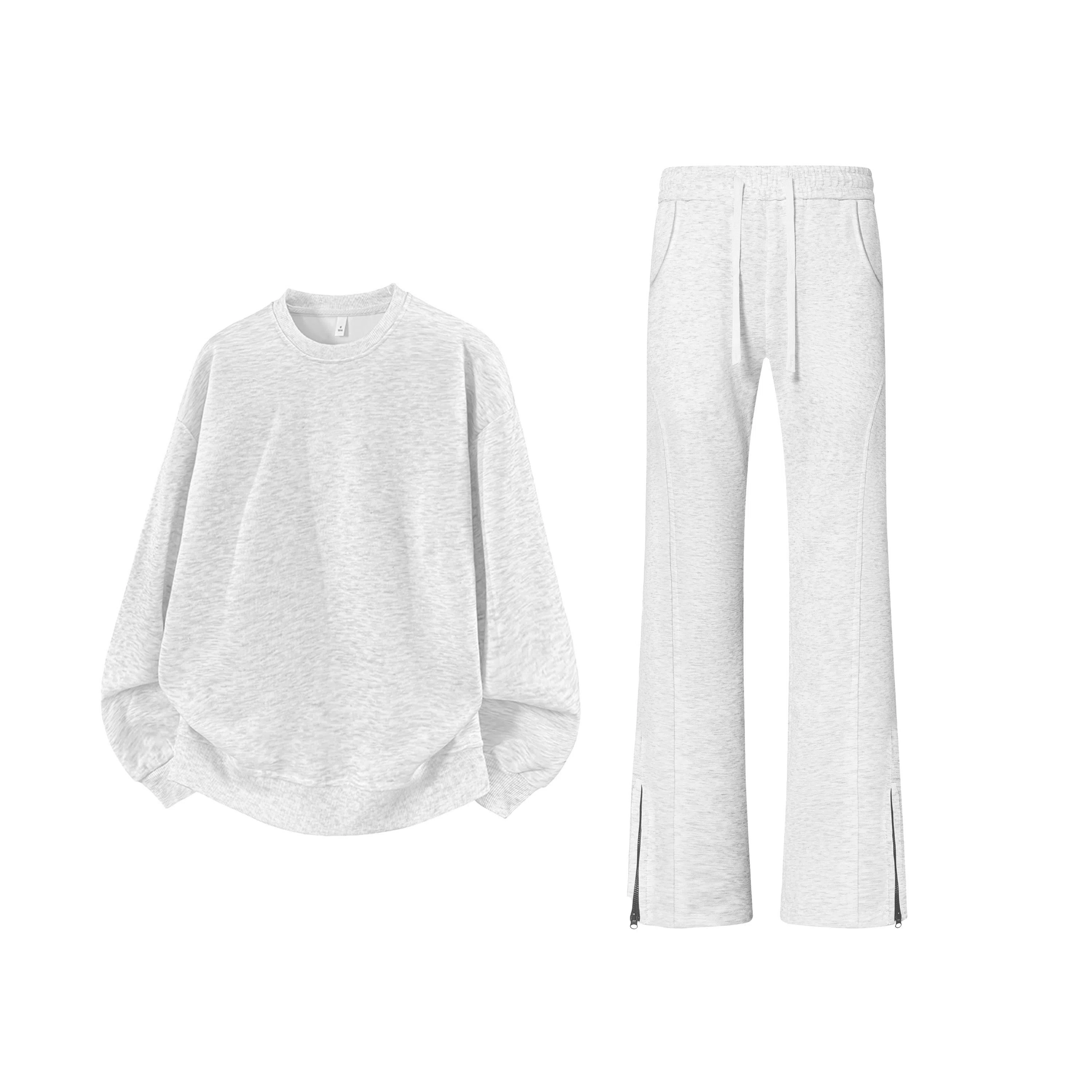 【可两穿卫裤免搭配一套】布客行 显高显瘦美式高街慵懒垂感老钱风弯刀直筒微喇拉链华棉重磅圆领卫衣长裤舒适百搭休闲运动套装 男女同款