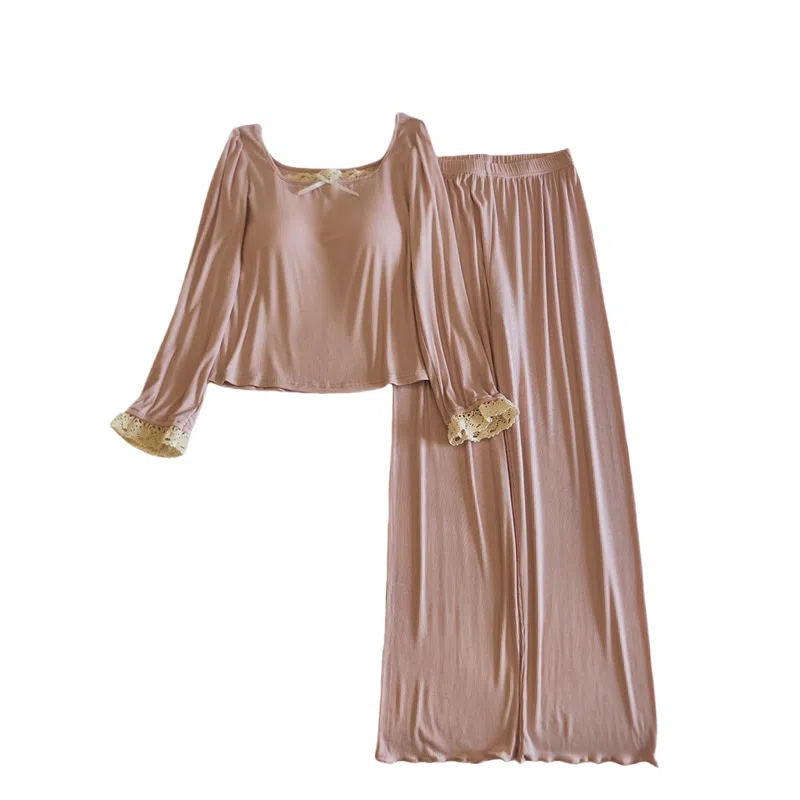 莫代尔 气质时尚百搭个性休闲简洁长袖长裤自带胸垫防凸点家居服可外穿女士睡衣套装 女款