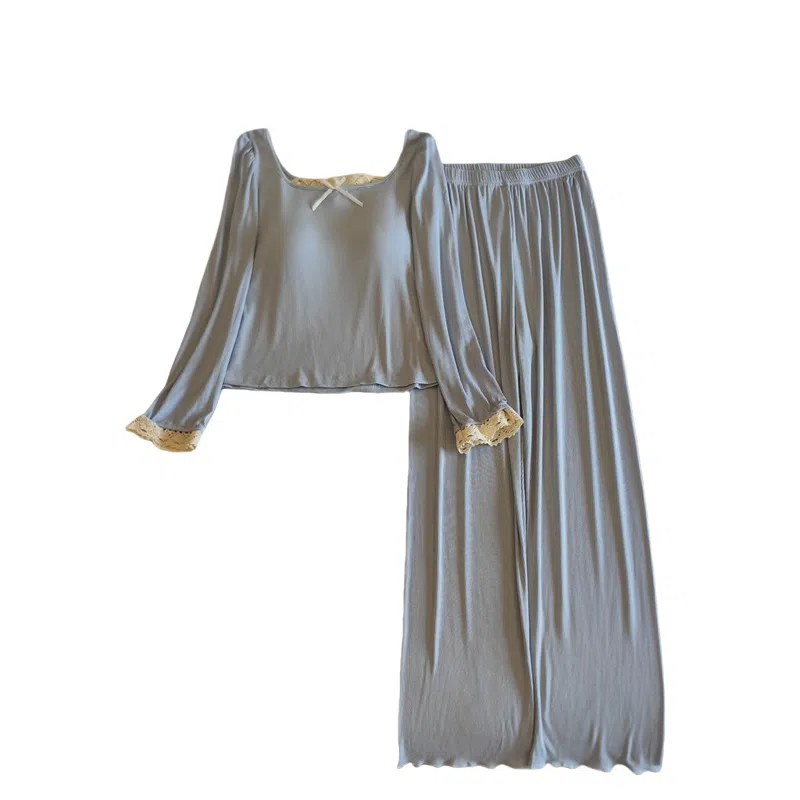 莫代尔 气质时尚百搭个性休闲简洁长袖长裤自带胸垫防凸点家居服可外穿女士睡衣套装 女款