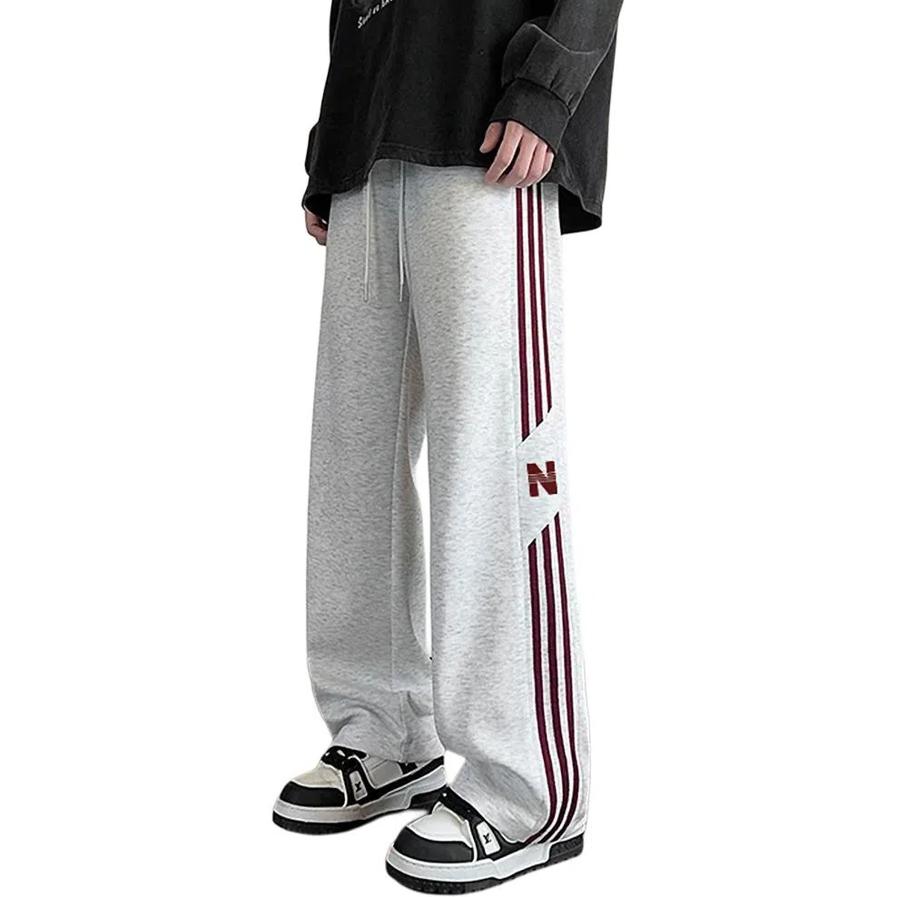 邦固依品 裤子男春秋季港风阔腿宽松运动大码直筒条纹长裤潮休闲裤 男款