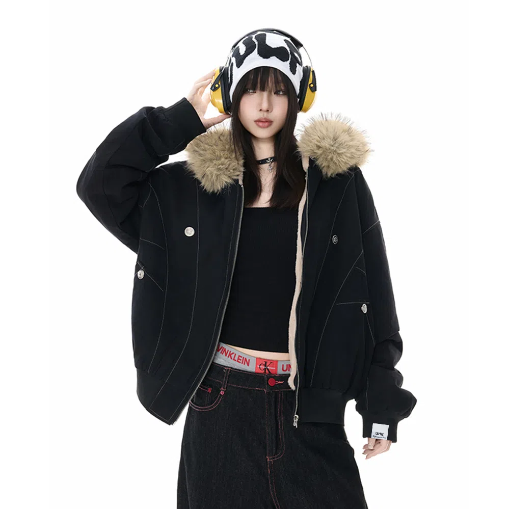 【dme】 潮牌美式复古座山雕毛领宽松连帽加厚外套男保暖设计感棉衣秋季时尚情侣中性休闲棉服 男女同款