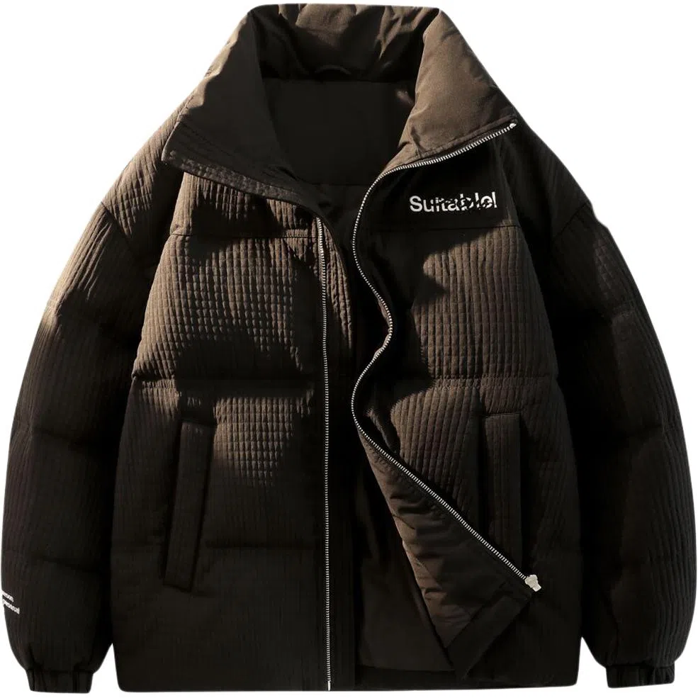 鸭鸭 加厚保暖休闲宽松无性别刺绣字母泡芙面料简约立领暗黑羽绒服外套 男款